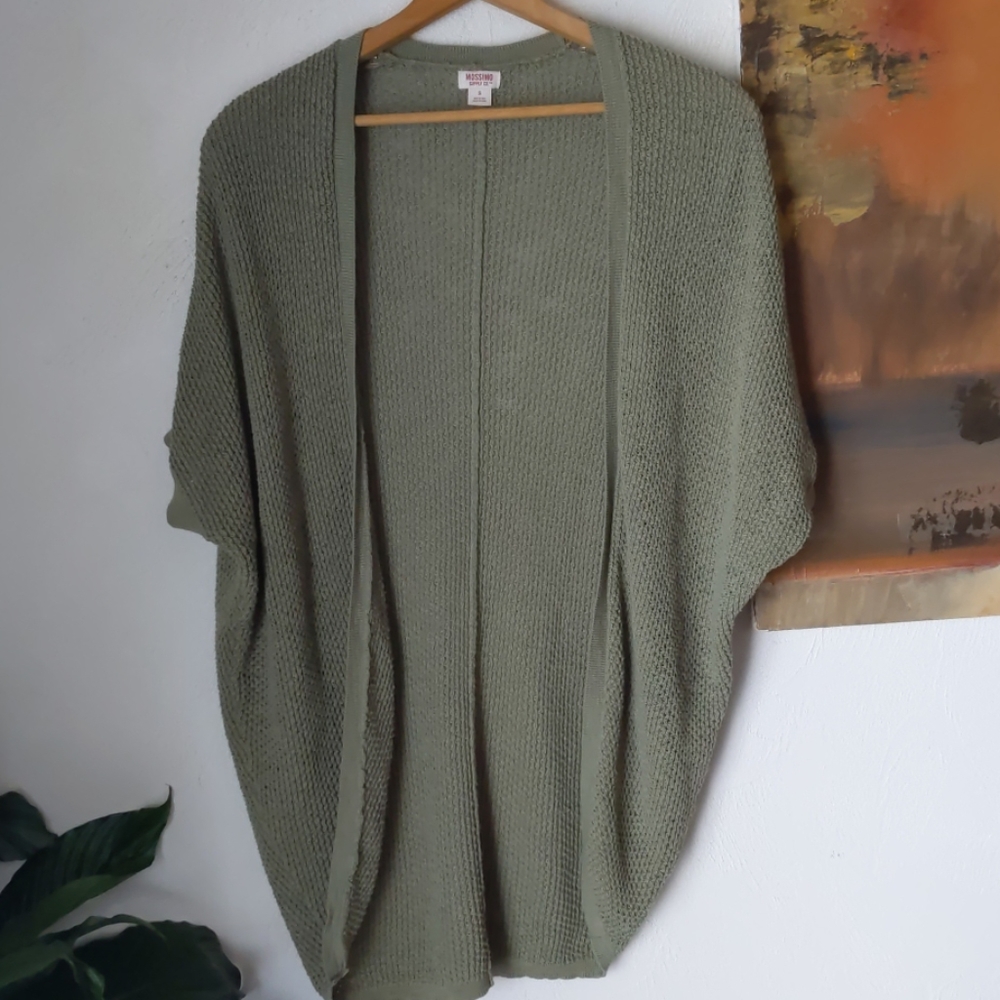 Olive green, long open sweater